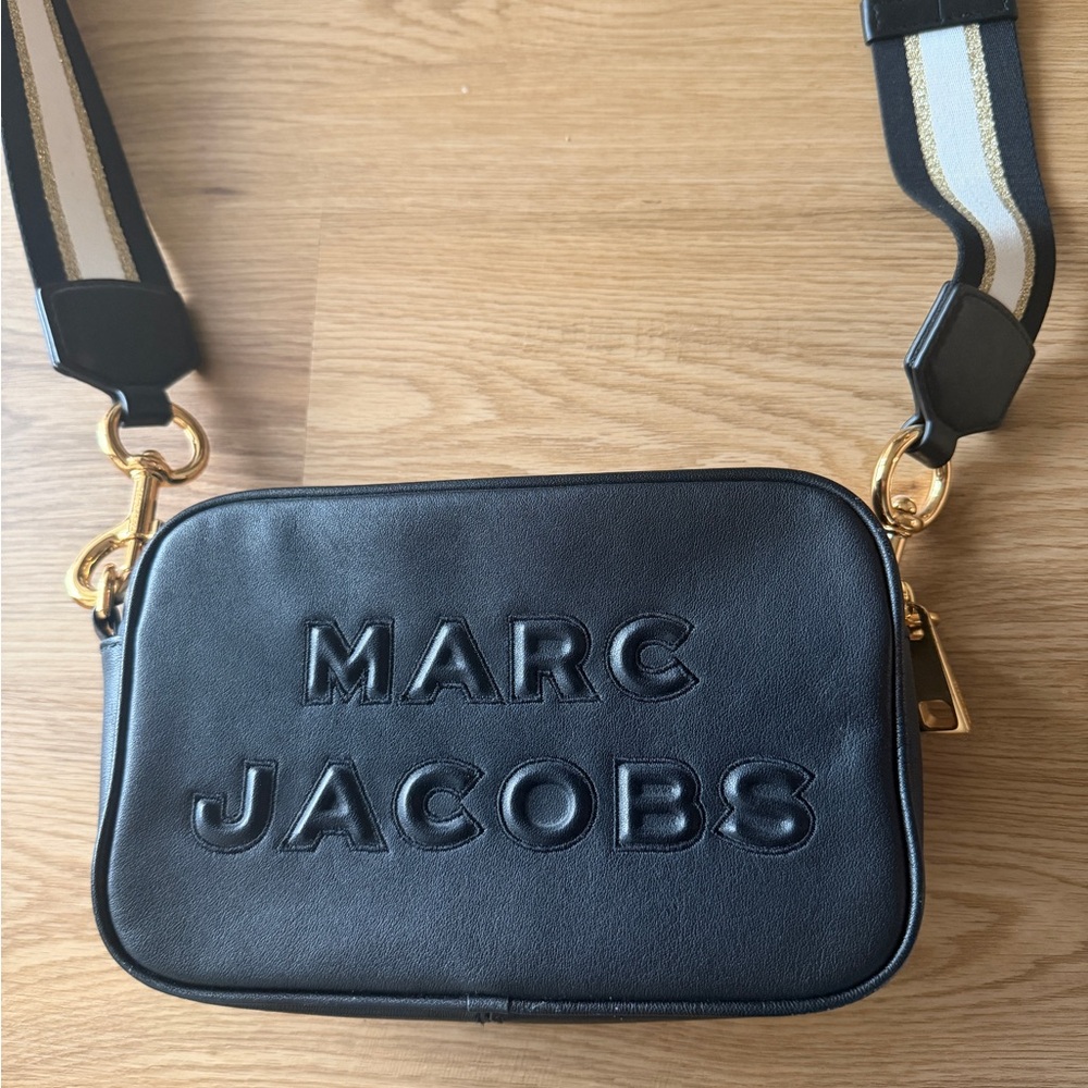 Marc Jacobs Black Leather Logo Bag with Striped Strap.